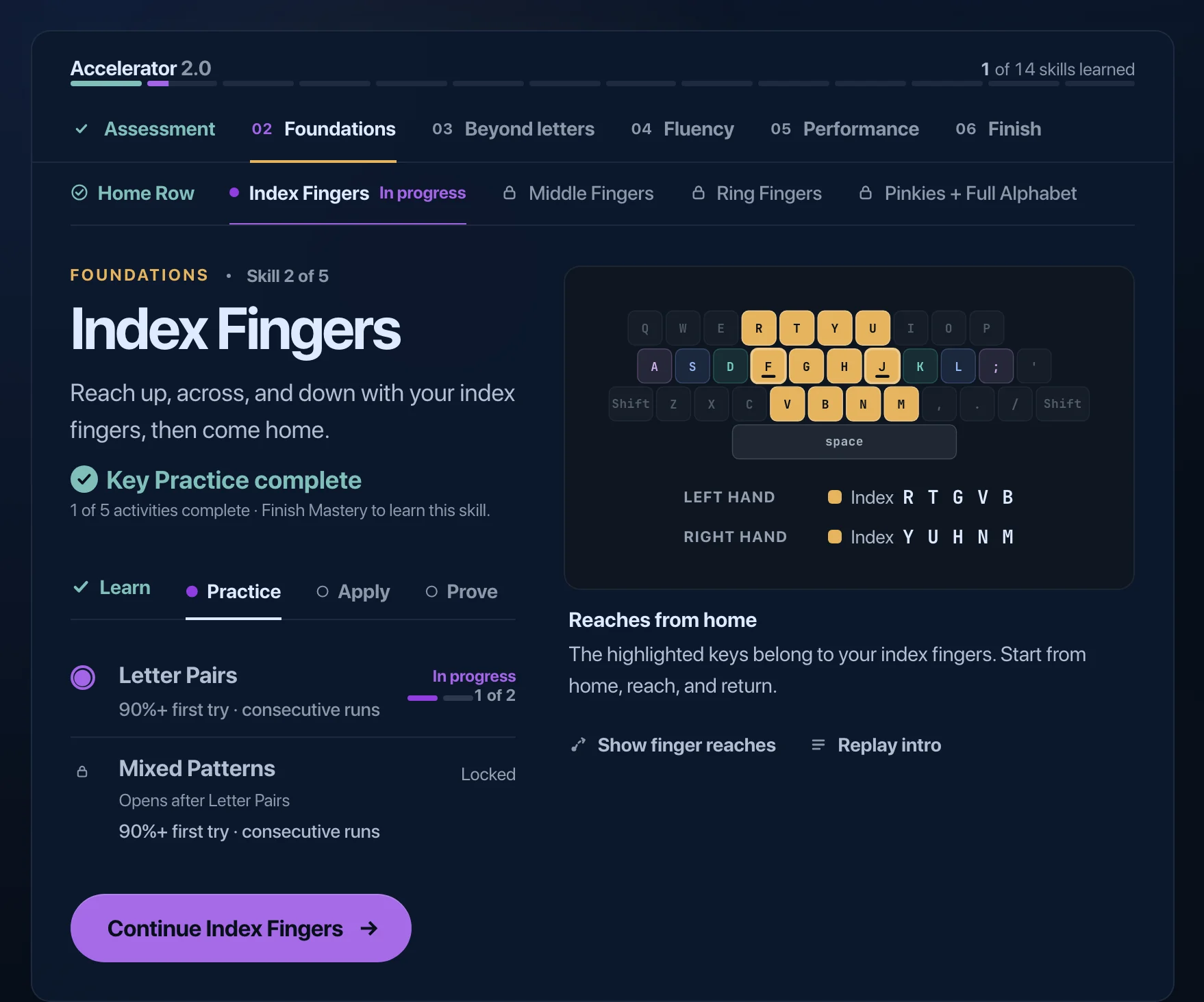 Accelerator 2.0 course view: Index Fingers in progress after Home Row, with its Learn, Practice, Apply and Prove activities and the index-finger keys highlighted