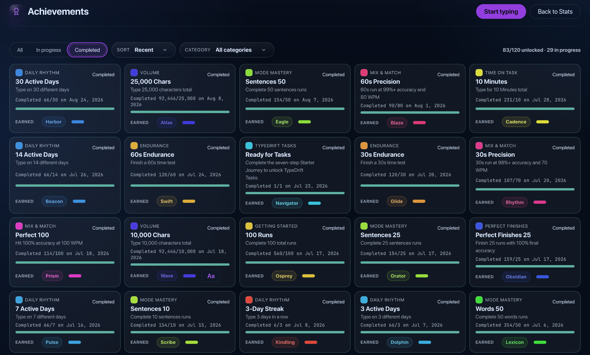 TypeDrift completed Achievements across activity, volume, mode mastery, endurance, accuracy, and Tasks