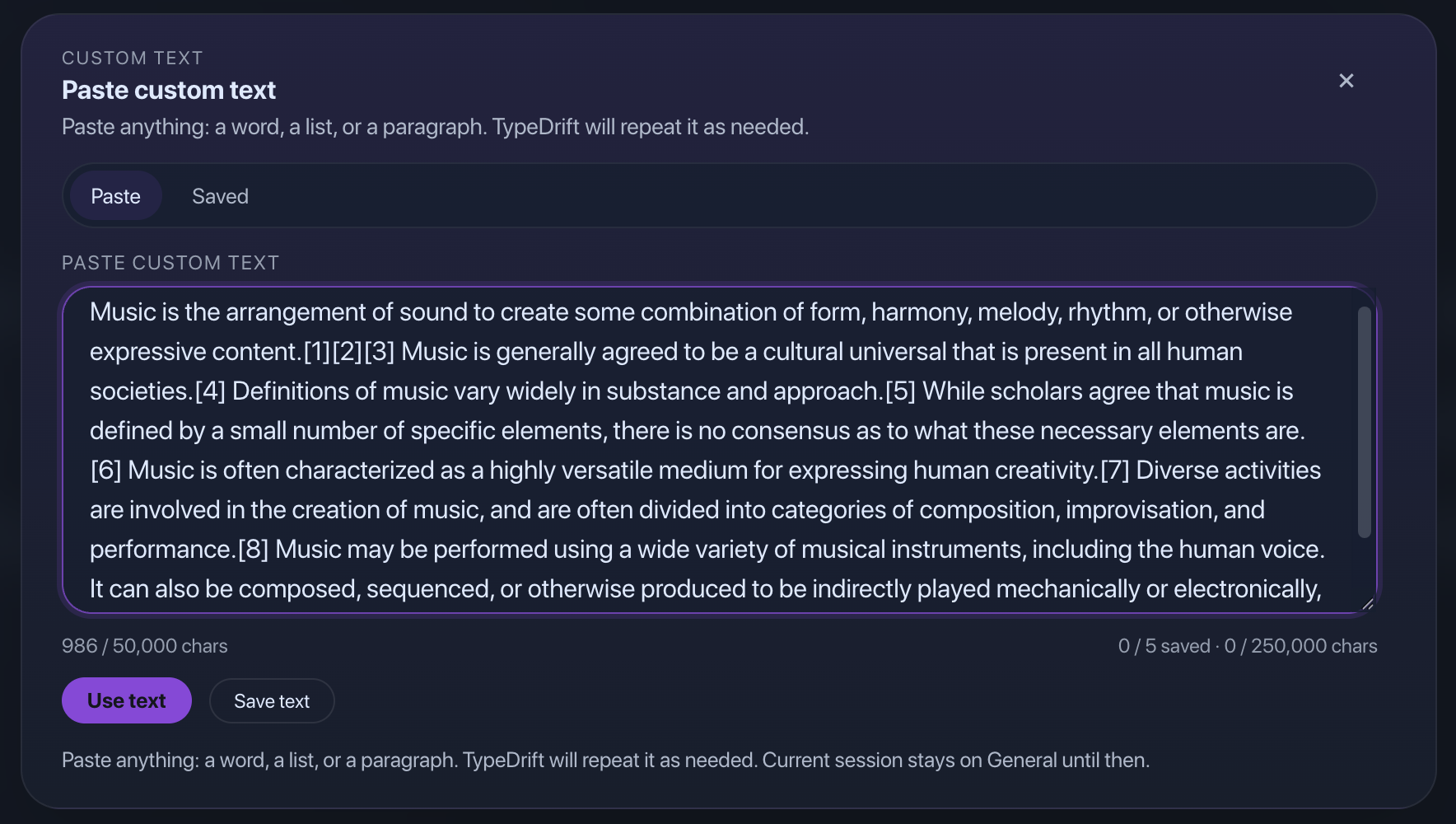 TypeDrift Custom Text mode with pasted practice material