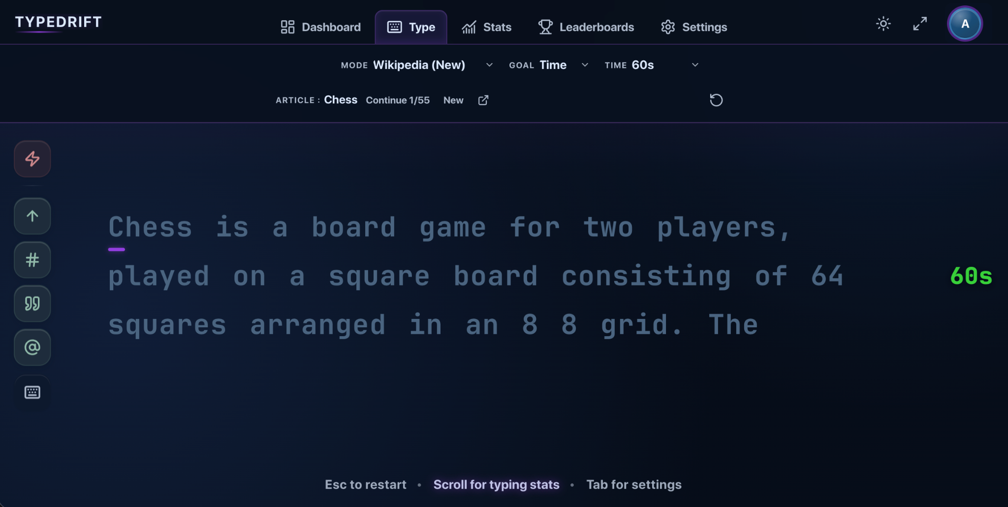 TypeDrift Wikipedia typing session using an article about chess