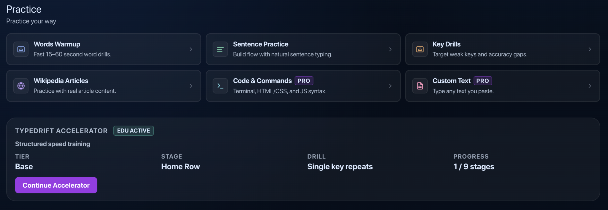 TypeDrift practice modes including Words Warmup, Sentence Practice, Key Drills, Wikipedia Articles, Code and Commands, and Custom Text
