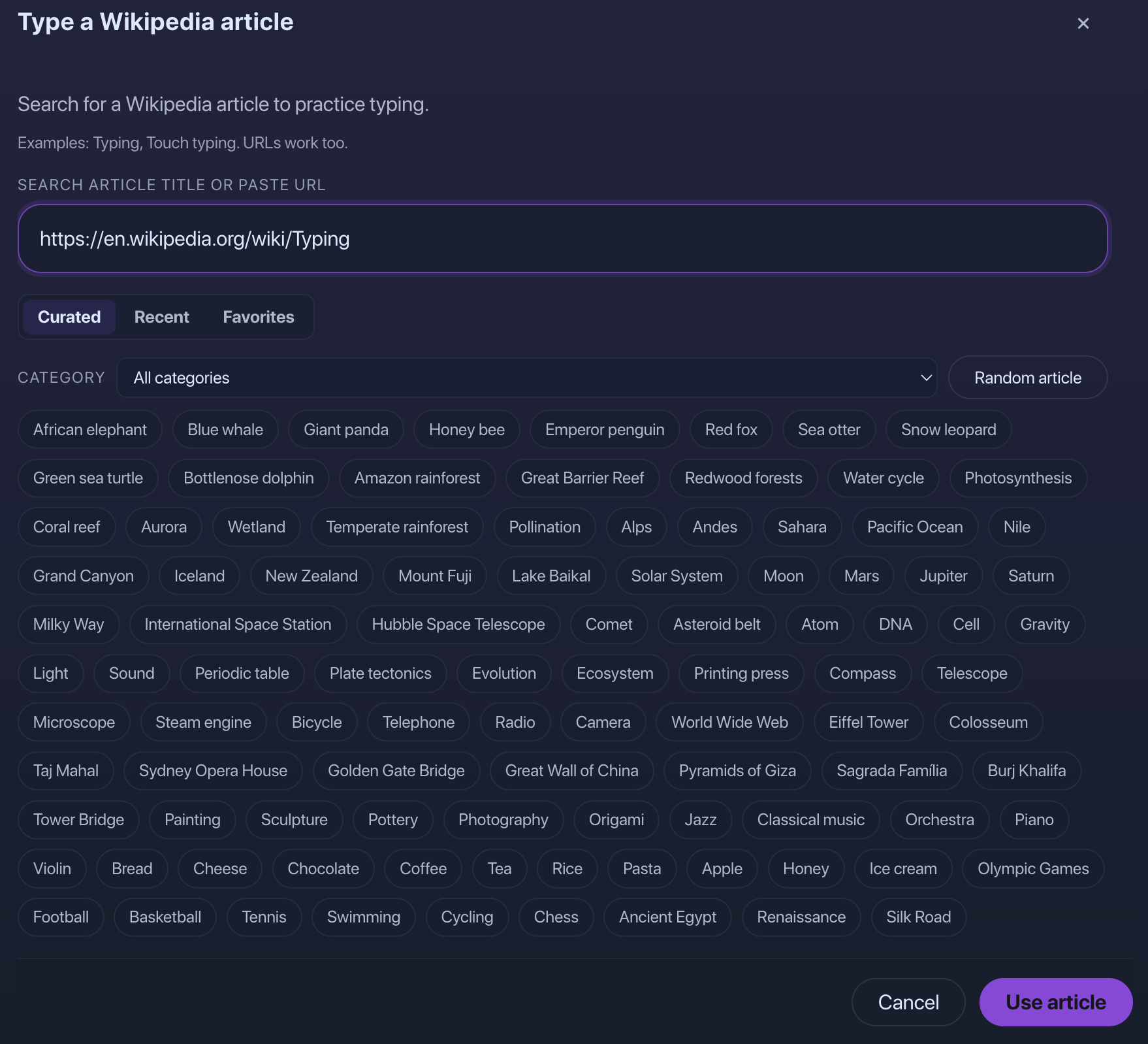 TypeDrift Wikipedia article picker with curated topics and article search