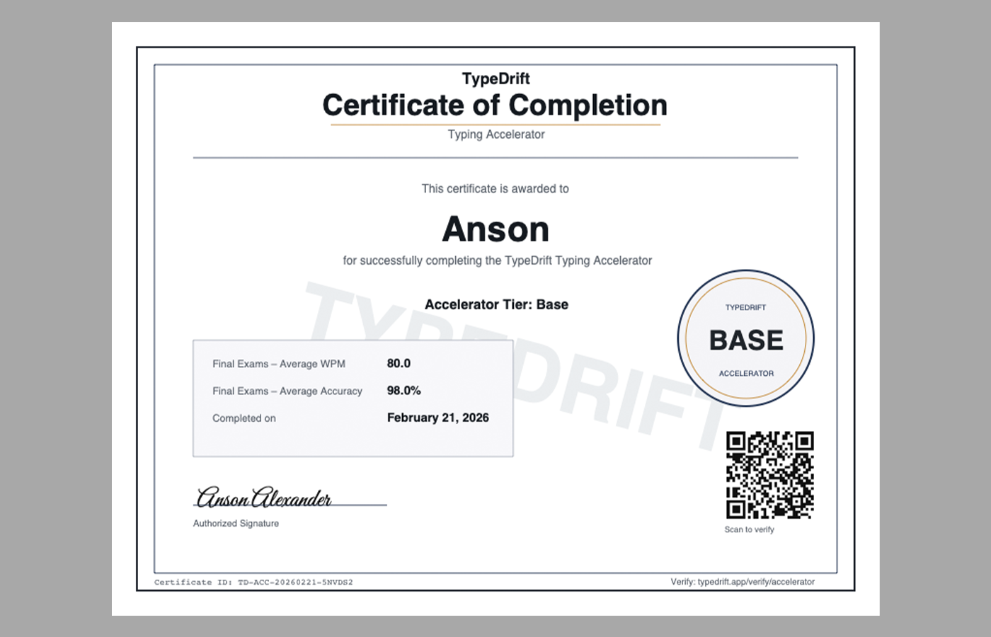 TypeDrift certificate