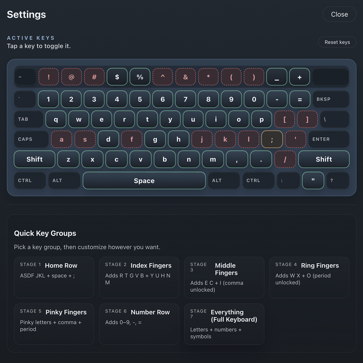 Custom keyboard typing practice