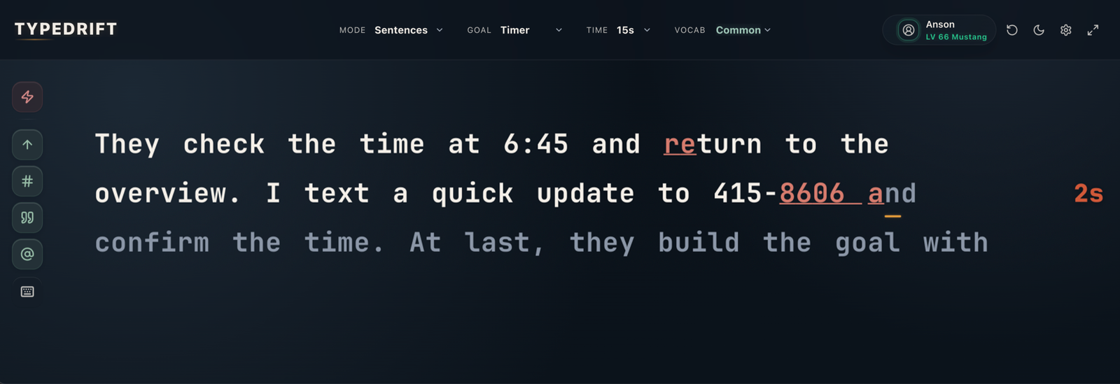 TypeDrift typing interface screenshot