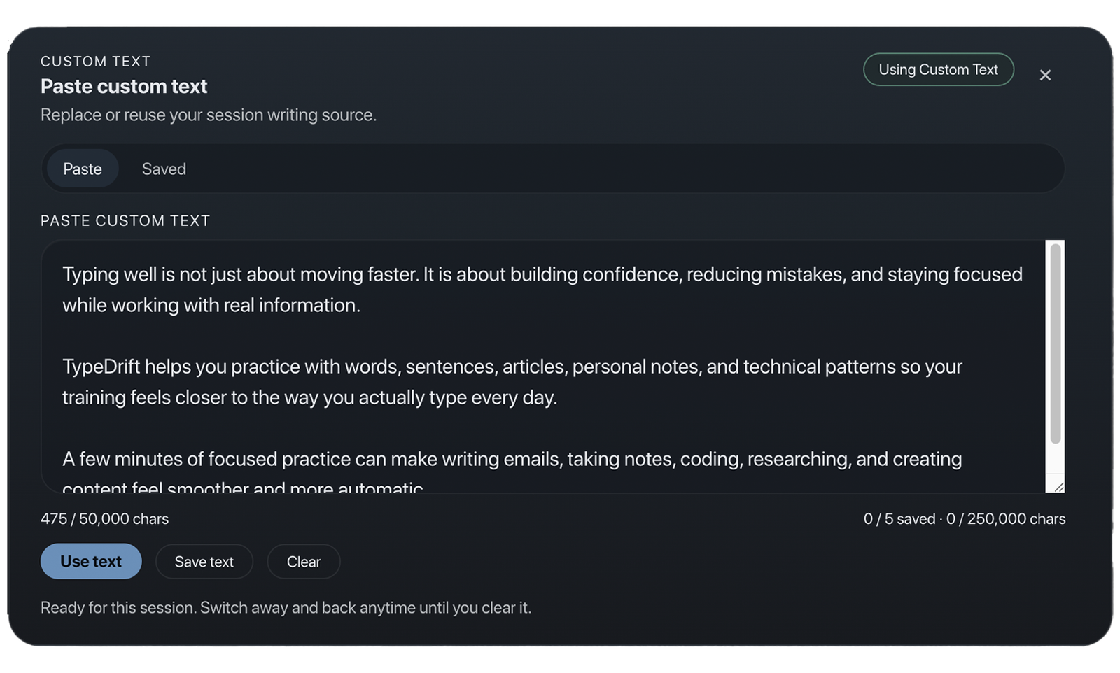TypeDrift Custom Text mode showing saved custom texts