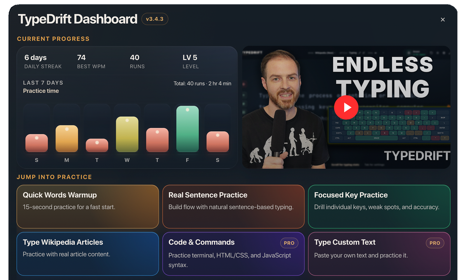 TypeDrift dashboard showing Words, Sentences, Letters, Wikipedia, Code and Commands, Custom Text, and Accelerator modes