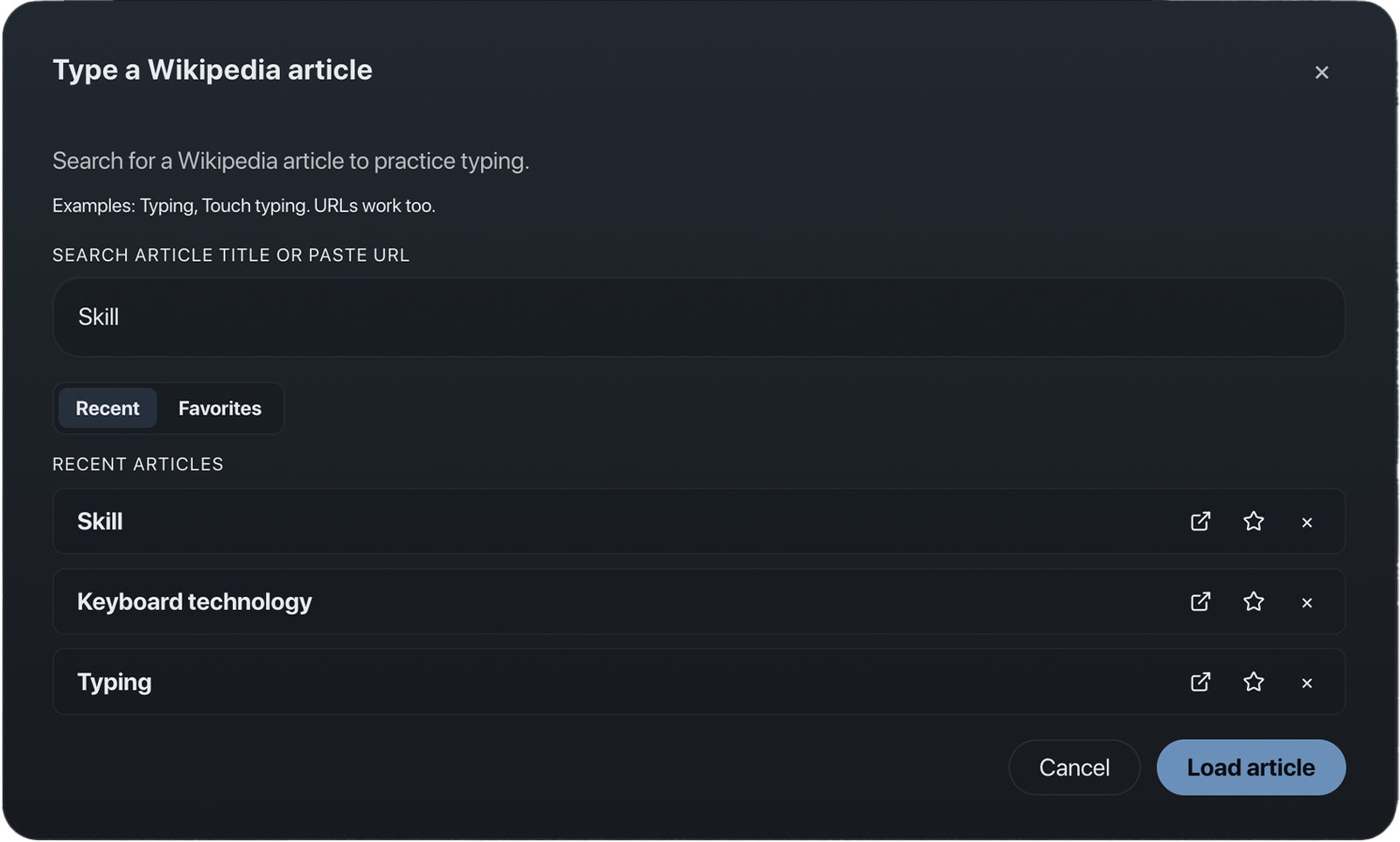 TypeDrift Wikipedia mode showing the article chooser for real-content typing practice